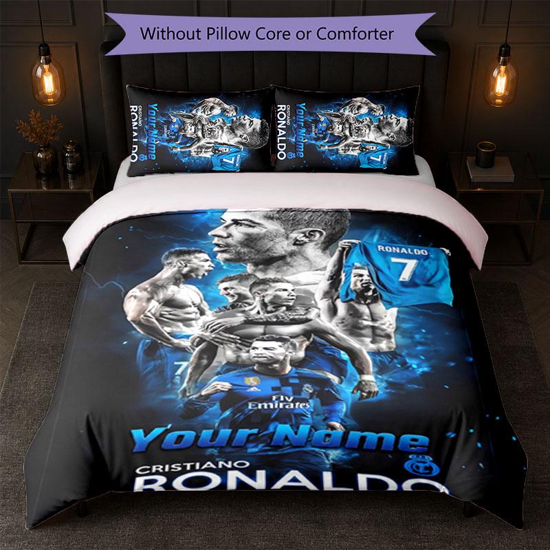 Set Biancheria da Letto Personalizzato Cristiano Ronaldo con Nome Testo 1 Copripiumino+2 Federe Logo Calcio Regalo Personalizzato per Occasione Speciale Arredamento Camera da Letto