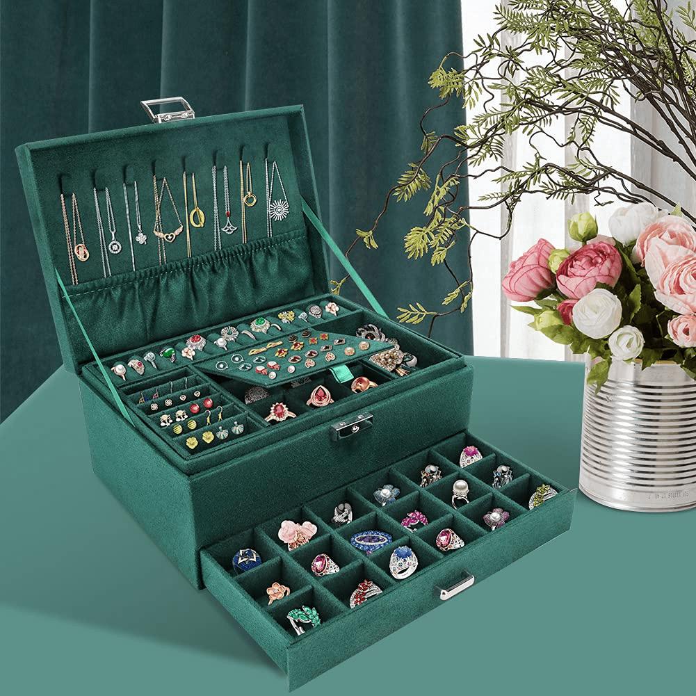 Jewelry Box Organizer for Women Girls, 3-Layer Jewelry Organizer with Lock and Drawer, Portable Jewellery Holder for Earring Rings Necklaces Bracelets