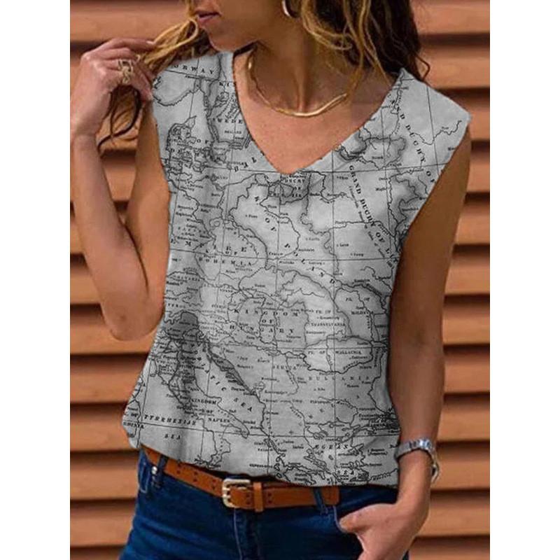 Women Summer Map Printed V Neck Sleeveve Casual T-shirt Top