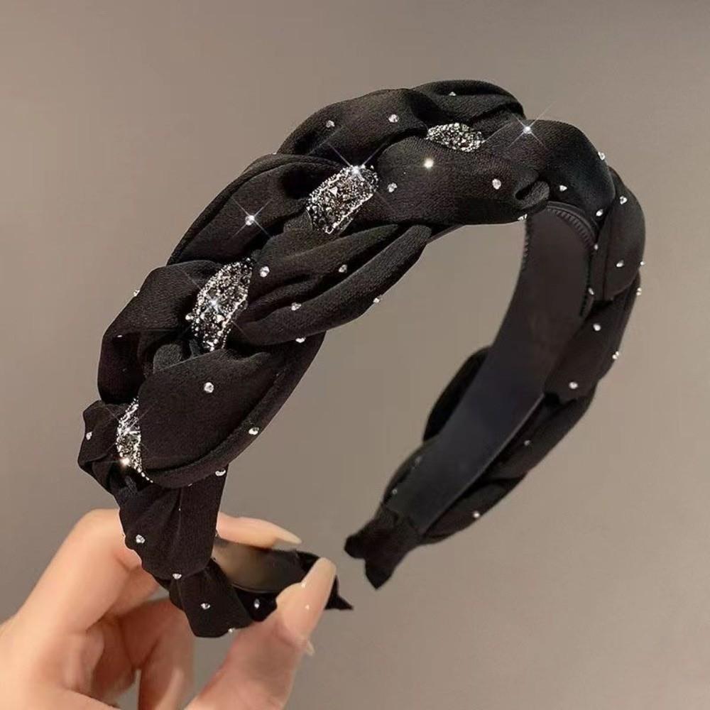 Twisted Knotted High Cranial Hair Hoop Soft Fabric Braided Hairband Rhinestone Headband Daily Use