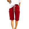 Women's Fashionable Color Elastic Waist Pocket Casual Loose Cotton And Linen Rolled Edge Five Quarter Shorts