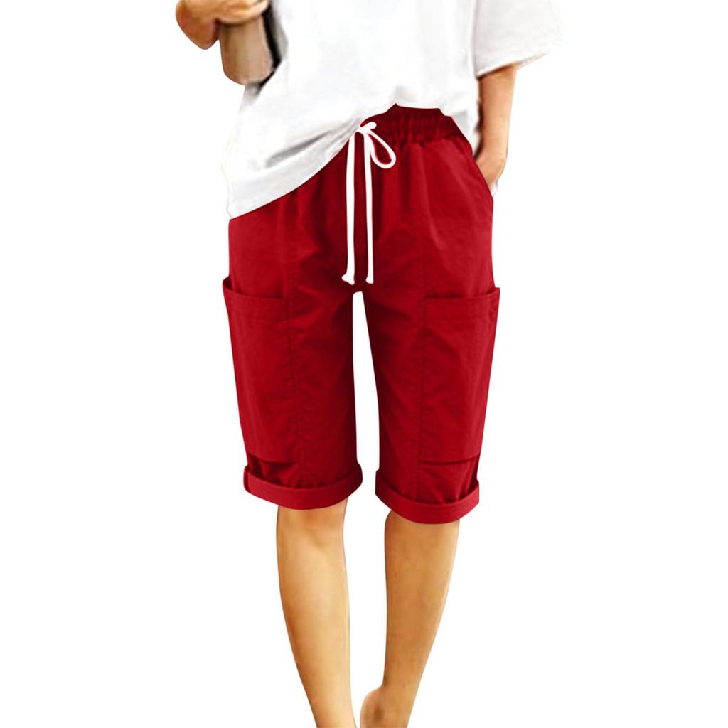 Women's Fashionable Color Elastic Waist Pocket Casual Loose Cotton And Linen Rolled Edge Five Quarter Shorts