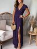 Women's Deep V-neck Short-sleeved Long Dress, Pleated High-waisted Split Club Party Evening Dress, Solid Color Dress