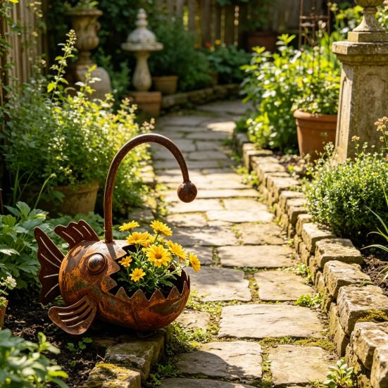 Rustic Iron Planter, Fish Shaped Design, Decorative Metal Flower Pot for Succulents Cactus Plants, Rustproof Garden Patio Porch Balcony Yard Lawn