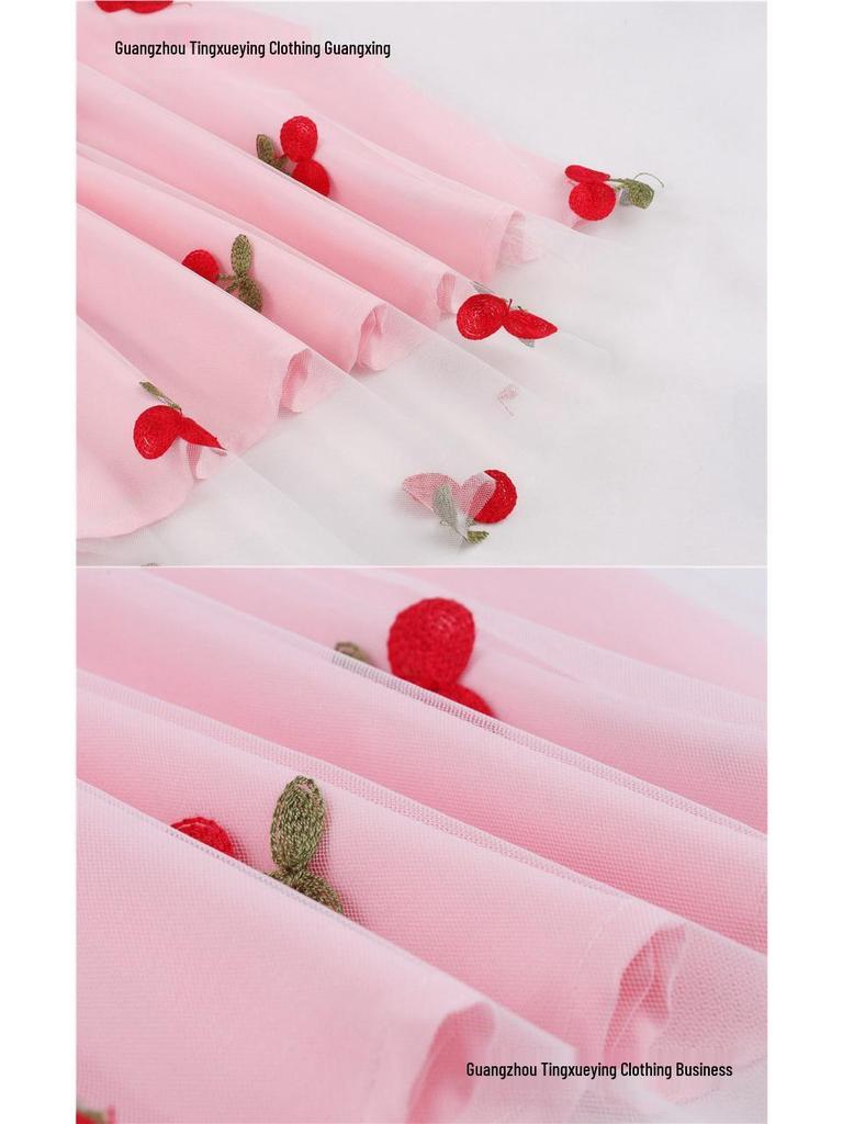 Women's Christmas Mesh Embroidered Midi Dress with Waist-Cinching and Sleeveless Design