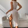 Elegant New O-neck Sleeveless See Through Women Knitted Dress Fashion Hollow Out Summer Vacation Sexy Dresses High Slit Beach Sunscreen Covers