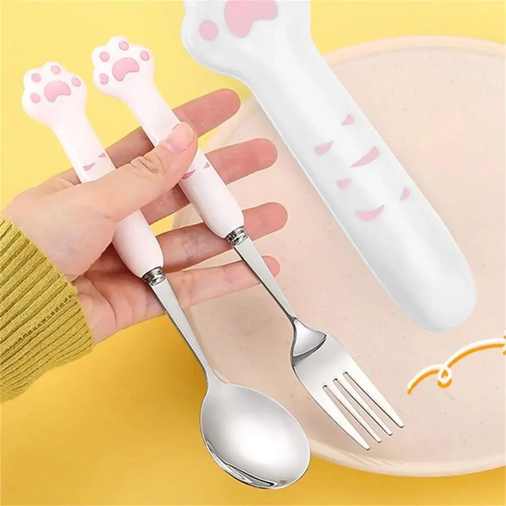 Stainless Steel Spoon and Fork Set with Storage Box Portable Tableware Cute Cat Paw Shaped Dinnerware Kit for Adults Kids School