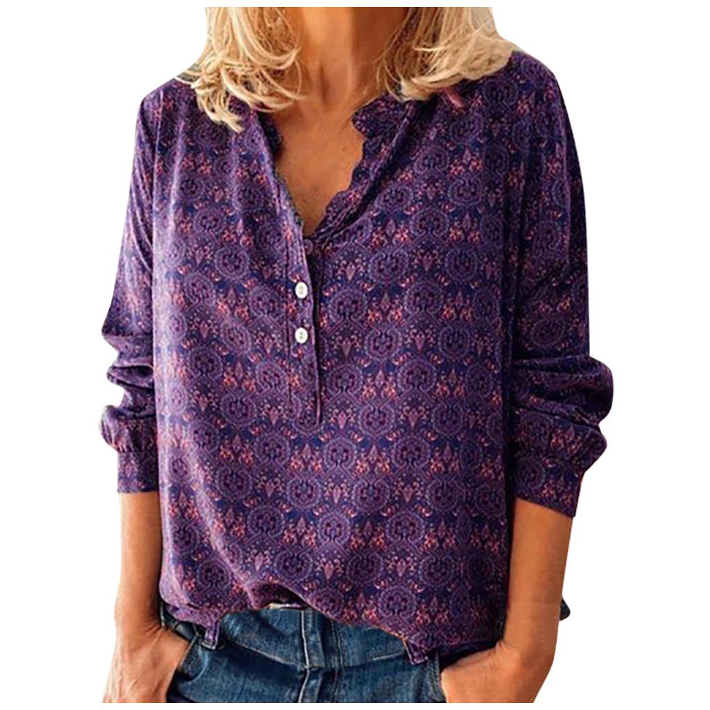 Womens Fashion Casual Button Long Sleeve Vintage Print T-Shirts Tops Blouse