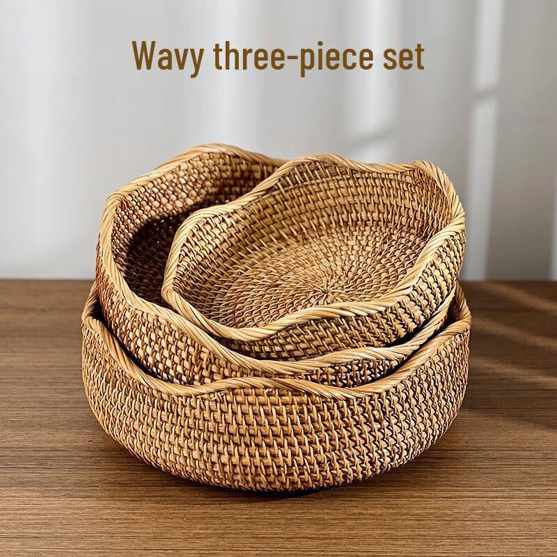 Wave Style Rattan Round Fruit Storage Basket Set (3-Piece)