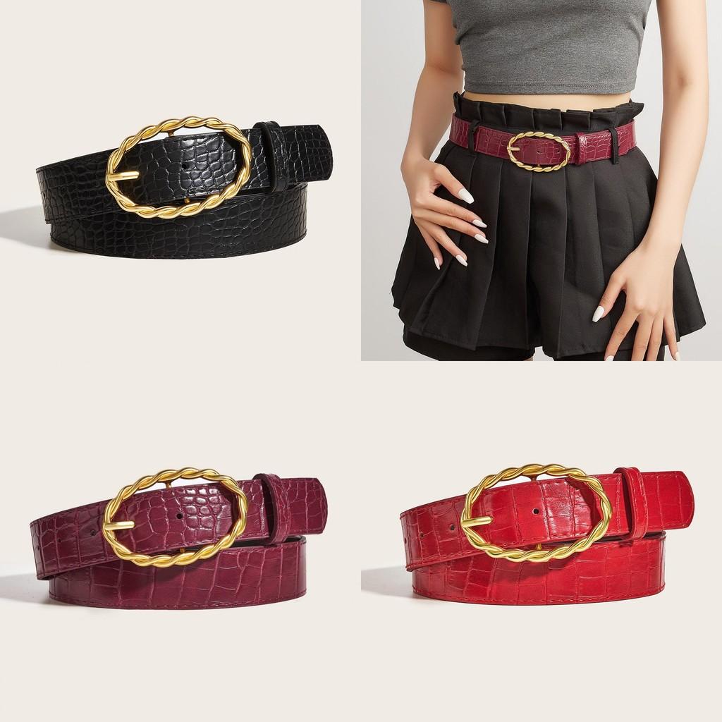 Womens Grain Stone Pu Leather Belt With Twists Oval Metal Buckle Everyday For