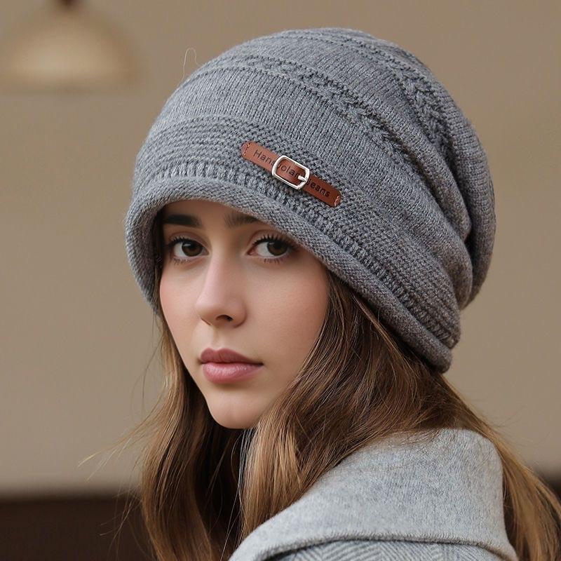 Autumn and Winter Knitted Wool Hat Loose Hat Women's Velvet Fashion Versatile Stack Hat Shows Small Face