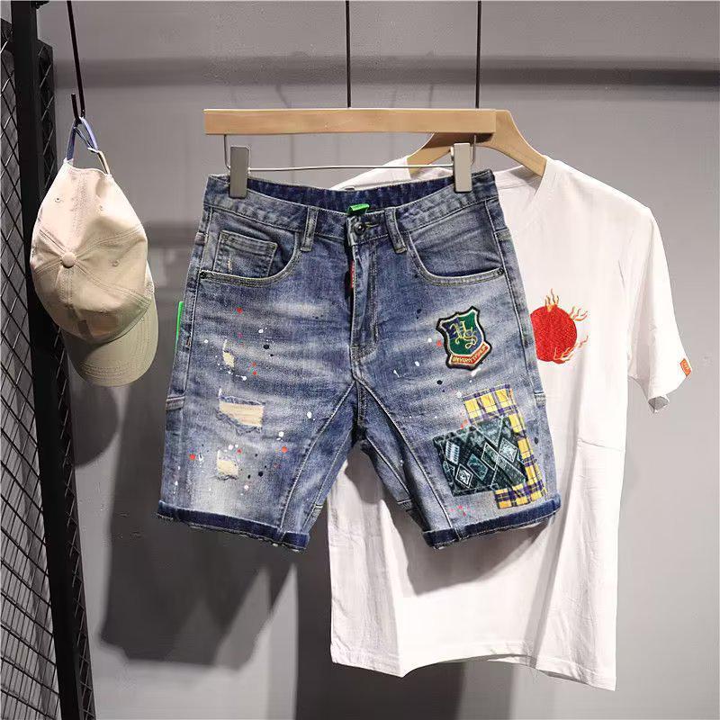 

Мужские модные летние рваные джинсовые шорты: Приталенный крой, Аэрозольная покраска, Нашивки, Потертый стиль 34 синий