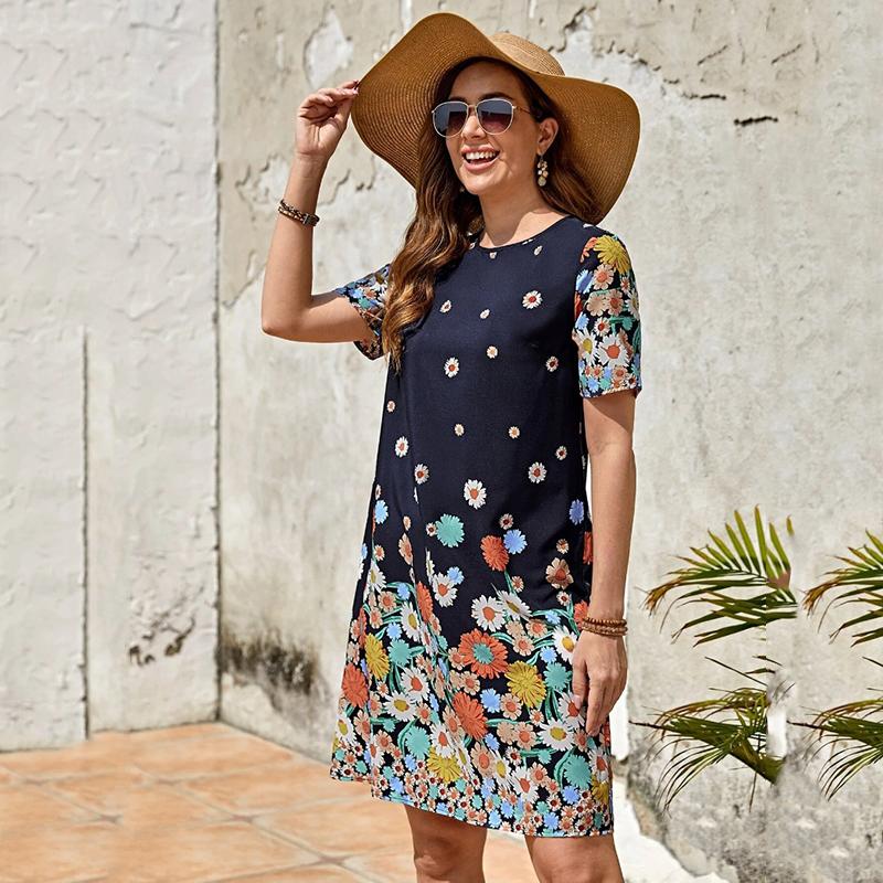 Fashion Short Sleeve Printed Loose Women's Dresses Summer Round Neck Elegant A Line Casual Floral Dress Ladies Vintage Slim Fit Female Dress 26176