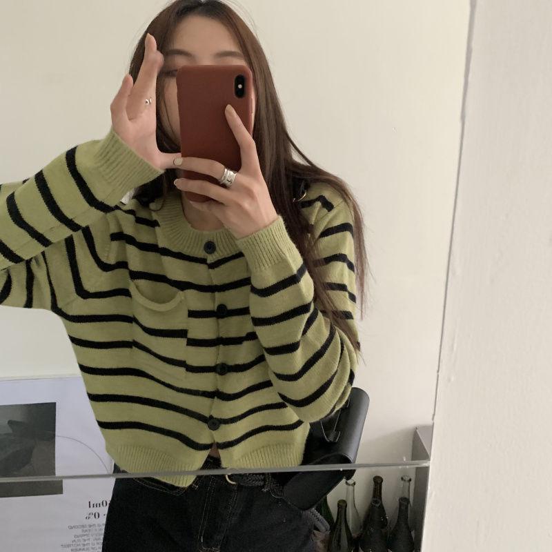 Zelený pruhovaný úplet Dámský retro kardigan - Podzimní ležérní styl, Dlouhý rukáv, Krátký svetrový kabát