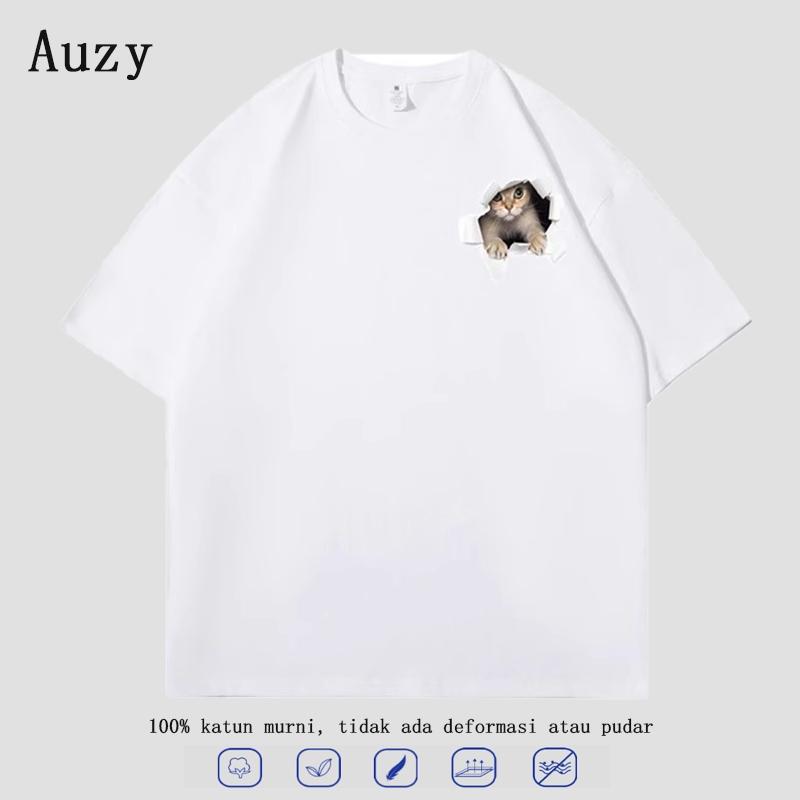 baju hitam korean style pria kaos oversize Pencetakan kucing 3D keren kapas T-shirt M 4050KG