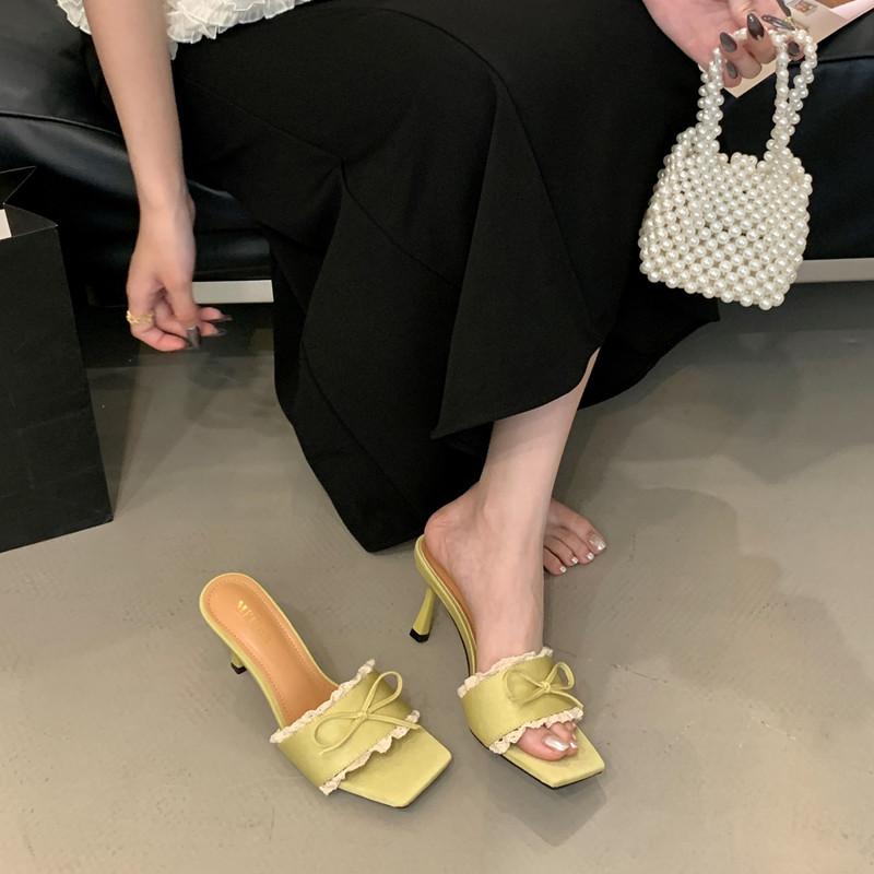 Fashion Elegant Lace Bow Decorated Brand Slipper Women Fashion Square Toe Thin Heel Slide Sandal Sweet Party Dress Shoe Zapatos De Mujer