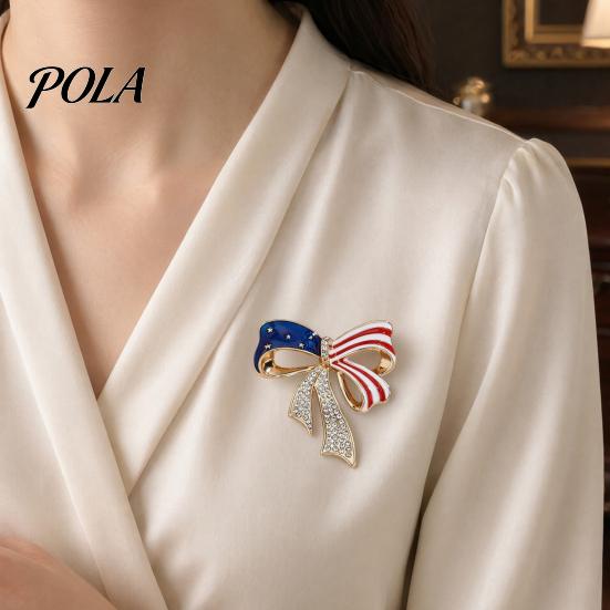 Independence Day Jewelry Bow Brooch Pin, Patriotic Rhinestone Lapel Sweater Cardigan Coat Suit Accessory, Gift for 4th of July Alloy Pin