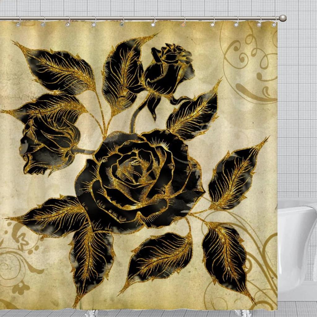 Purple Rose Shower Curtain Retro Floral Shower Curtains Waterproof Gold Classical Chic Elegant Flowers Vintage Bathroom Curtains