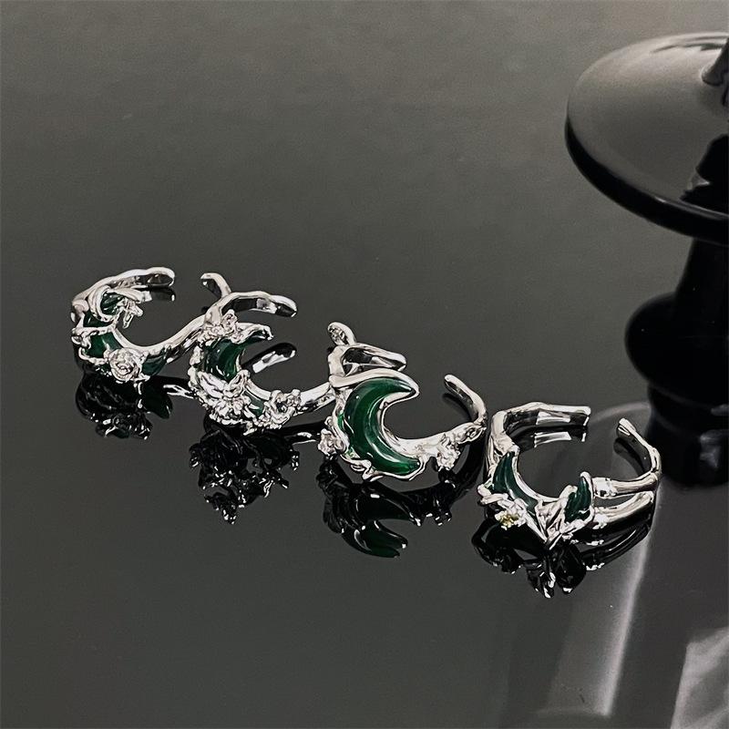 Niche Design Sweet High-End Moon Opening Ring Green Cool Irregular Butterfly Rose Ring