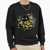 Unisex Cotton Sweater Pullover Hoodie Printed Sweater Black Cat With Flowers Pullover Sweatshirt Casual Long Sleeve Sweatshirt