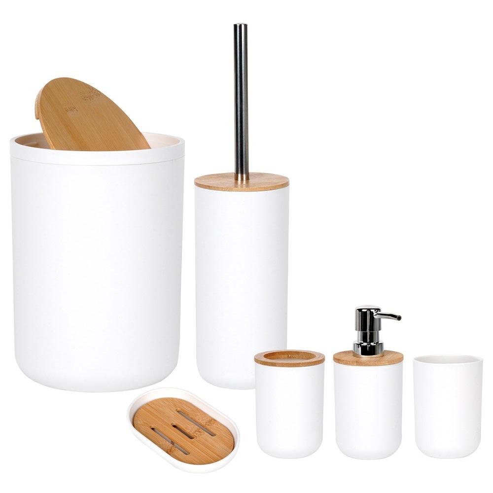 Bathroom Set: Mug, Toilet Brush, Waste Bin, Soap Dispenser, Stand