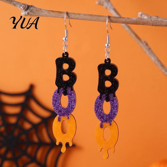 Fun Festive Party Accessories 1 Pair Glitter Halloween BOO Earrings, Sparkly Acrylic Black Purple Orange Holiday Statement Jewelry for Women