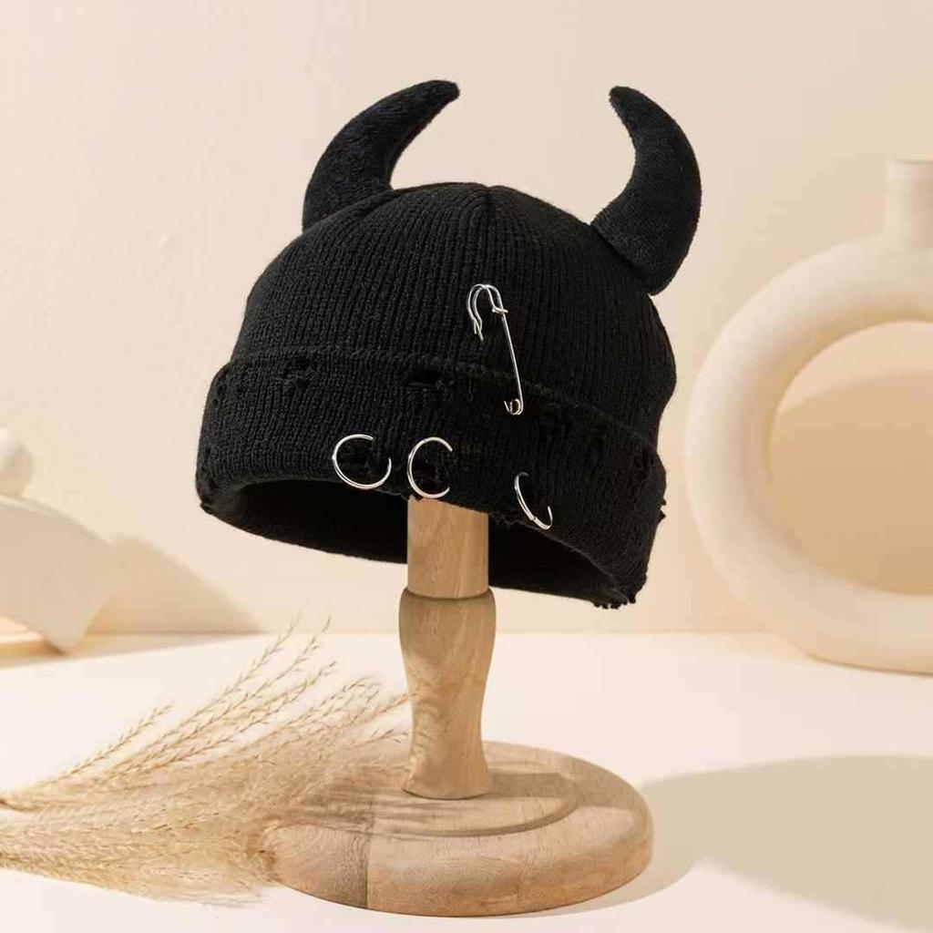Little Devil Horn Pin Knitted Hat Wool Hat Men's and Women's Christmas Funny Decoration Ripped Melon Hat