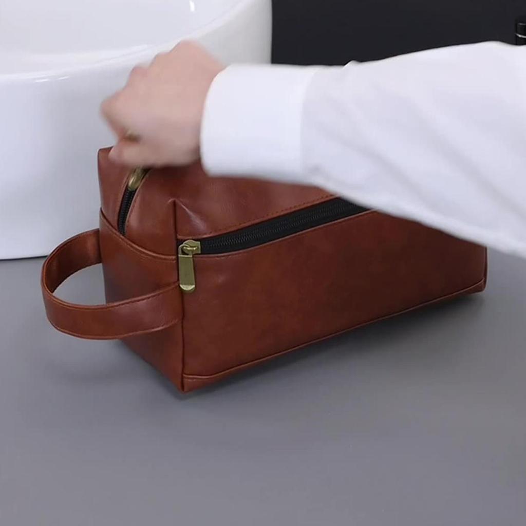 Men Leather Travel Business Shaving Cosmetic Pouch Strorage Bag Portable Toiletry Bag Large Capacity Organizer Handheld Toiletry Kits