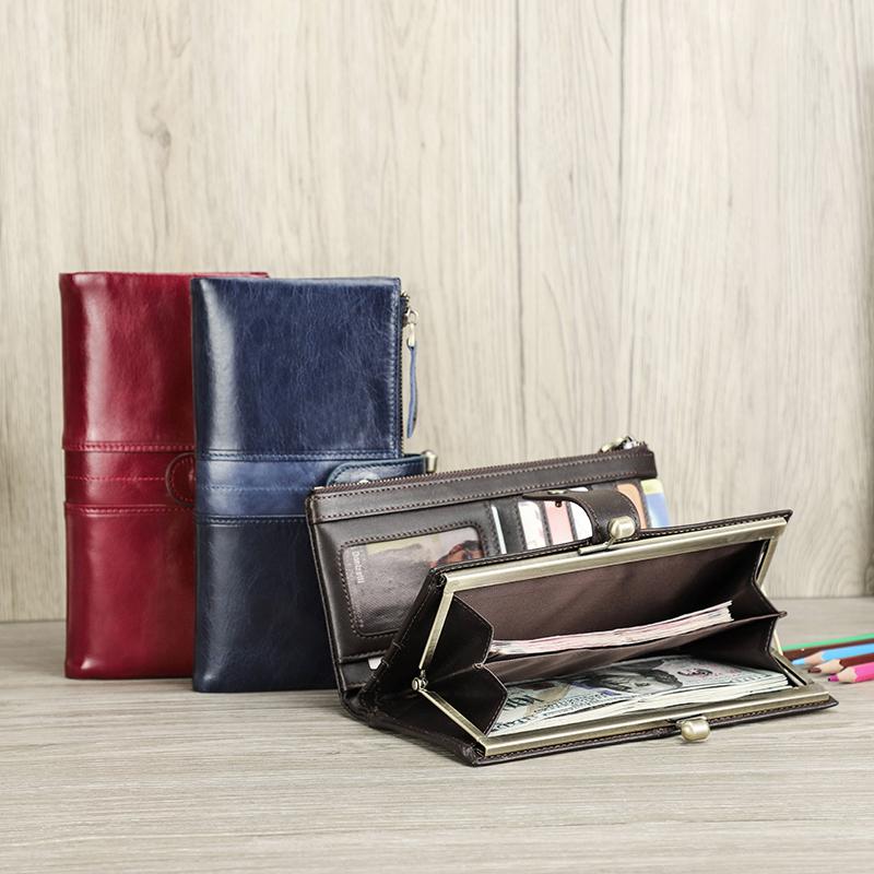 Lange Geldbörse aus echtem Leder für Damen, Geldbörse mit Metallrahmen, Kartenhalter, Haspe und Münzfach mit Reißverschluss, für 6,7-Zoll-Telefon, RFID-Geldbörse