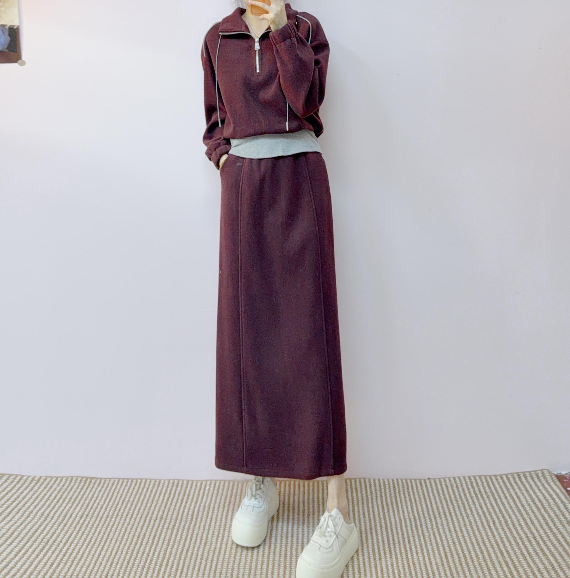

2026 Wool Blend Patchwork Two-Piece Set: Casual Spring/Autumn Top + Skirt Suit M (45-58 kg) бордовый