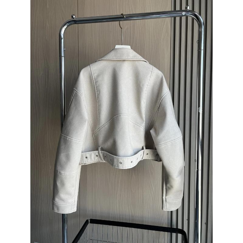 Kurtka Biker ze Sztucznej Skóry Klapy Zamek Dekoracja Luźny Krój Krótki Damski Płaszcz ze Sztucznej Skóry