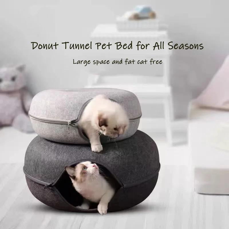 Felt Cat Bed Donut Pet Tunnel Nest Interactive Toys Dual-use Indoor Dog Kennel Removable Kitten House Basket Training Toy