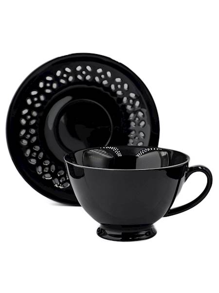 BLACK CERAMIC CUP 260ml WITH OPENWORK SAUCER FOR COFFEE AND TEA