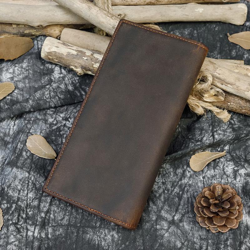 New Men's Crazy Horse Leather Long Wallet Brown Cow Leather Bifold Wallet With Phone Pocket Cowhide Long Leather Purse Card Case