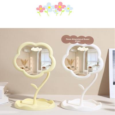 1pc Cream Flower Desktop Makeup Mirror High Definition RotatableDressing Table Mirror for Office Student Dormitory