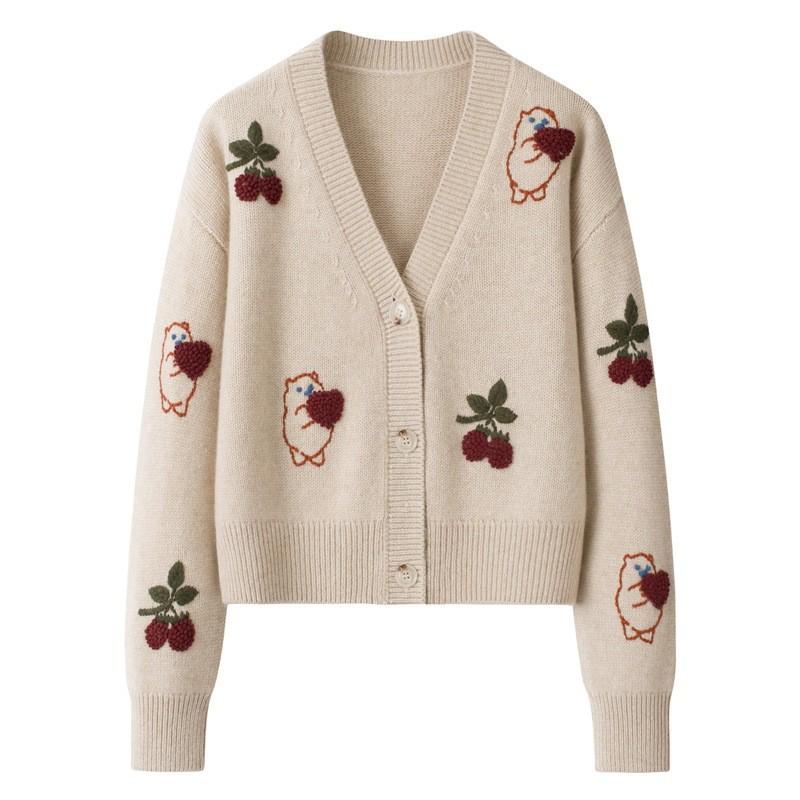 Women's Embroidered V-Neck Cashmere Cardigan - Trendy Autumn/Winter Style, Thick Knitted Outerwear