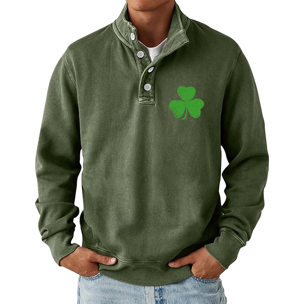 Men's Casual Stand-Up Collar Long-Sleeve Top Print Button-Down Sweatshirt