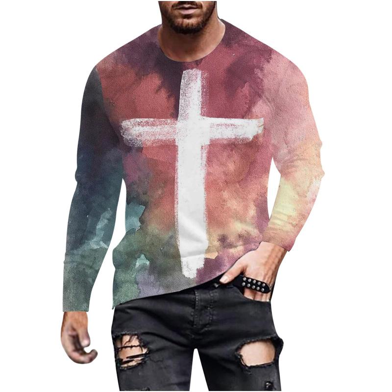 New Fashion Retro Long Sleeve T-Shirt For Men's Clothing Cross 3d Printed T-shirt Round Neck Tops Oversized Loose Y2k Clothes