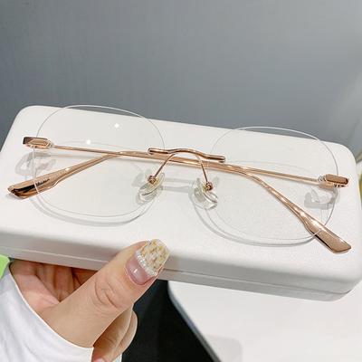Anti-Blue Flat Glasses For Women, Metal Frameless Polygonal Glasses Frame Can Be Equipped With Myopia Glasses Frame