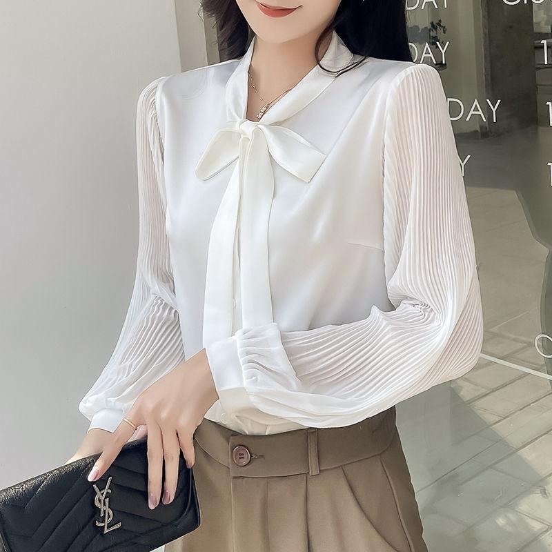 Spring Autumn New Solid Color Lace Up Shirt Commute Office Lady Fashion Ruched Long Sleeve Scarf Collar Button Chiffon Blouse