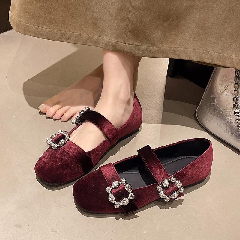French Women Retro Velvet Flat Shoes Versatile Buckle Mary Jane Shoes 2026 New Woman Soft Sole Shallow  Rhinestone Ballet Shoe