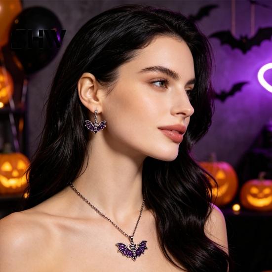 Fashionable Halloween Jewelry Sets Gothic Bat Accessory, Vintage Punk Necklace, Viking Detailed Wing Style Dangle Drop Earrings for Cosplay