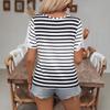 Damen Gestreiftes Ausgeschnittenes Halsband Spitzenbesatz Kurzarm T-Shirt Lässiges Locker sitzendes Oberteil