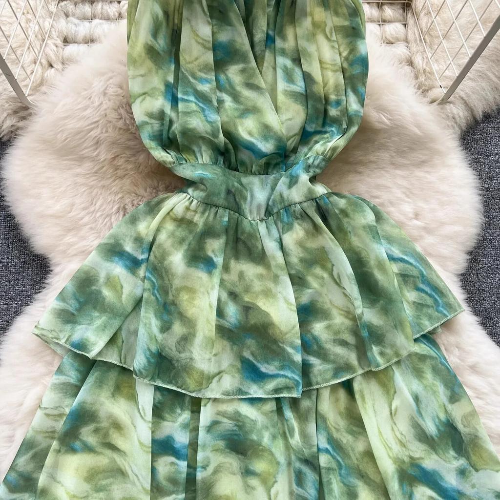 Summer Green Tie Dye Chiffon Cascading Ruffles Beach Sundress Women's  Halter Bandage Backless Print Cake Long Holiday Dresses Buy cheaply on Joom