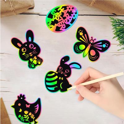 24Pcs Easter Scratch Paper Set, Crafts, Hanging Gifts Decorative, 6 Wooden Stick and Ribbon,
