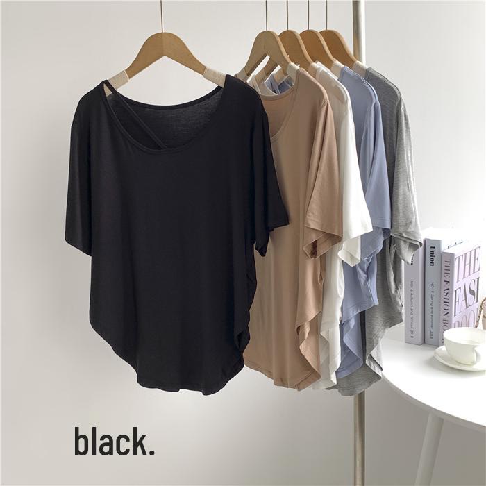 

Women s Gray Modal Crew Neck Short Sleeve T-Shirt with Draped Hem for Jazz Dance Practice One Size