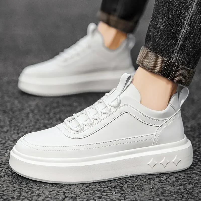 Fashion Men White Sneakers Platform Lace-up Men Leather Casual Shoes Man Lightweight Breathable Male Casual Sneakers