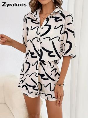 New woMen's  Casual Printed Two-Piece Suit Set Shirt Outfit