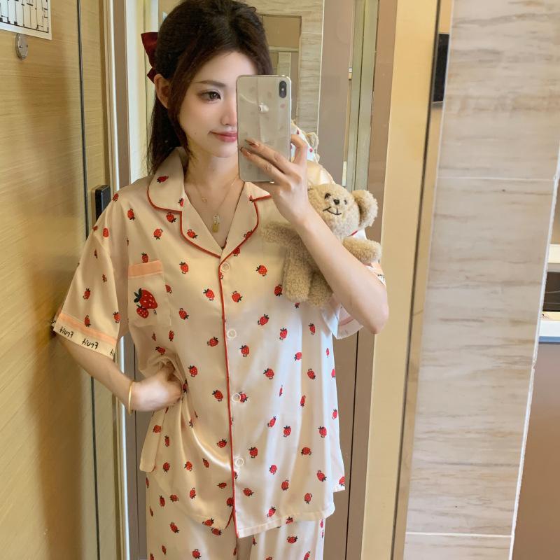 Strawberry Print Summer Thin Ice Silk Pajamas Girls Short Sleeves Trousers Wind Cardigan Lapel Loungewear Real Shot
