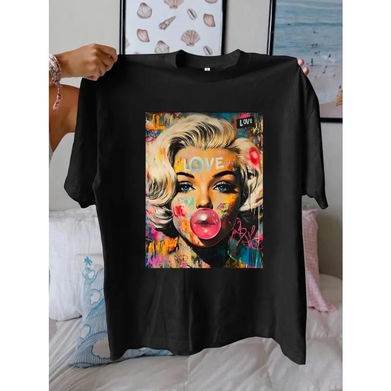 Ladies Black Casual Tshirt Round Neck Abstract Art and LOVE Pattern Printed Fashionable Top Versatile Trendy Printed Women Top